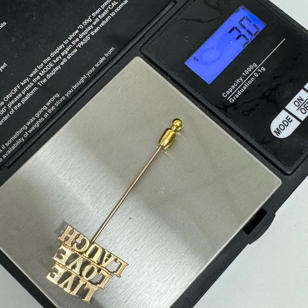 14K solid yellow Gold 'Live Love Laugh' Stick Pin